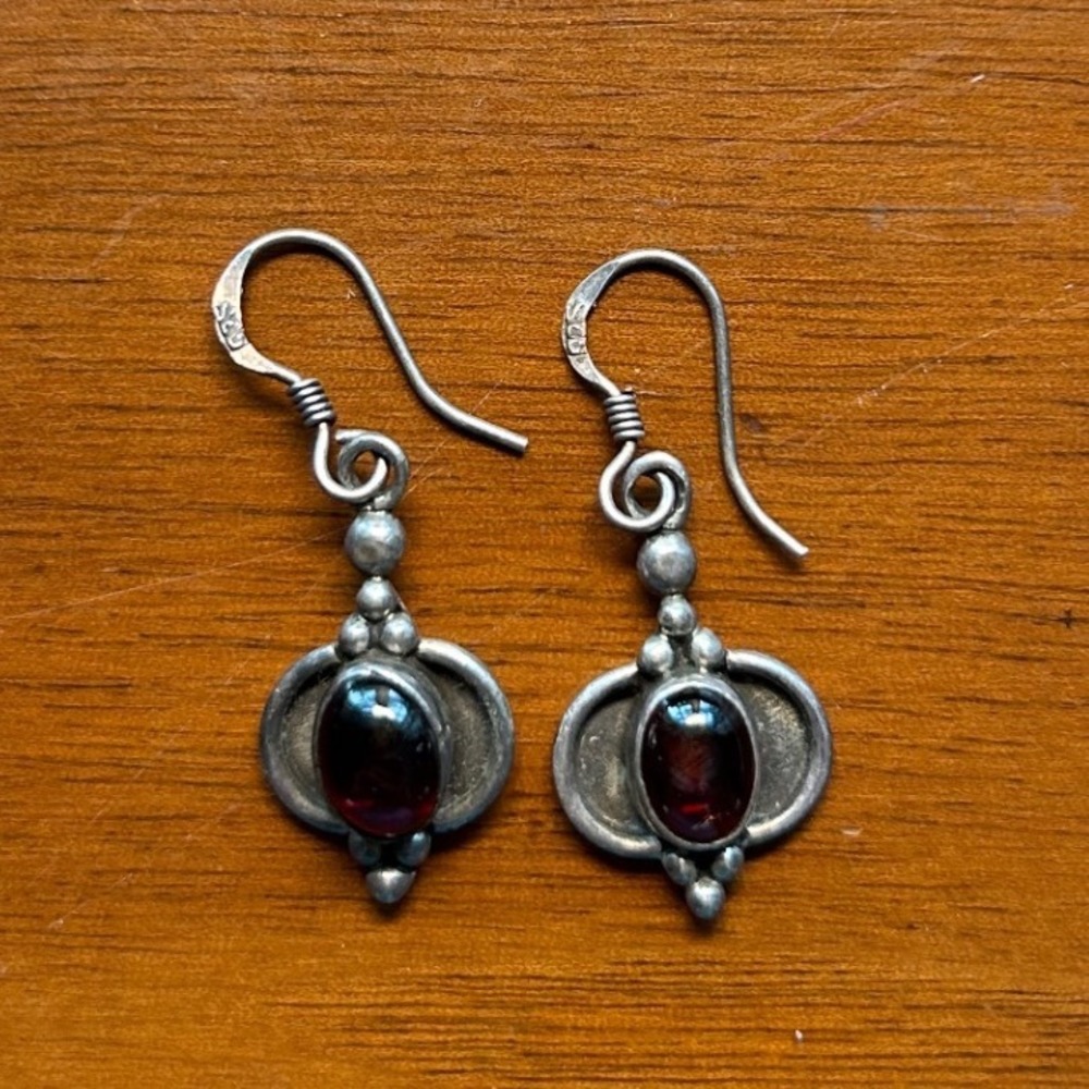 Vintage Sterling Silver 925 Garnet Gemstone Boho Drop Dangle Hook Earrings